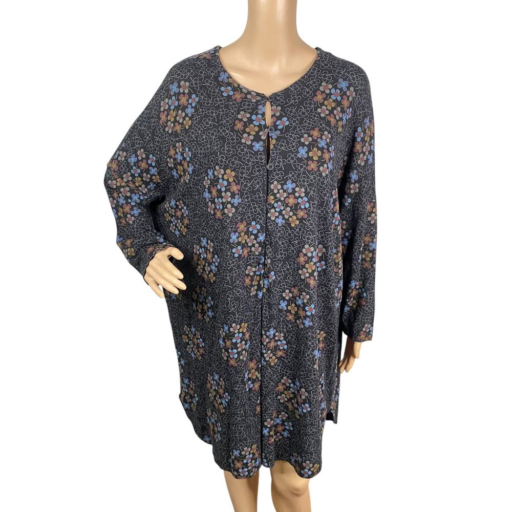 Gudrun Sjoden Floral Knit Henley Dress L Black Organic Cotton Lyocell Pocket